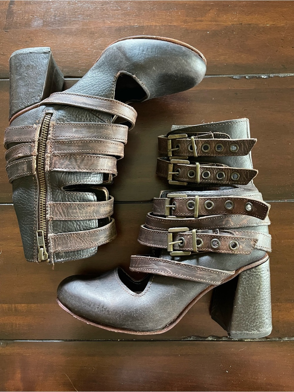 freebird Brown Strappy Buckle Block Heel Ankle Boots